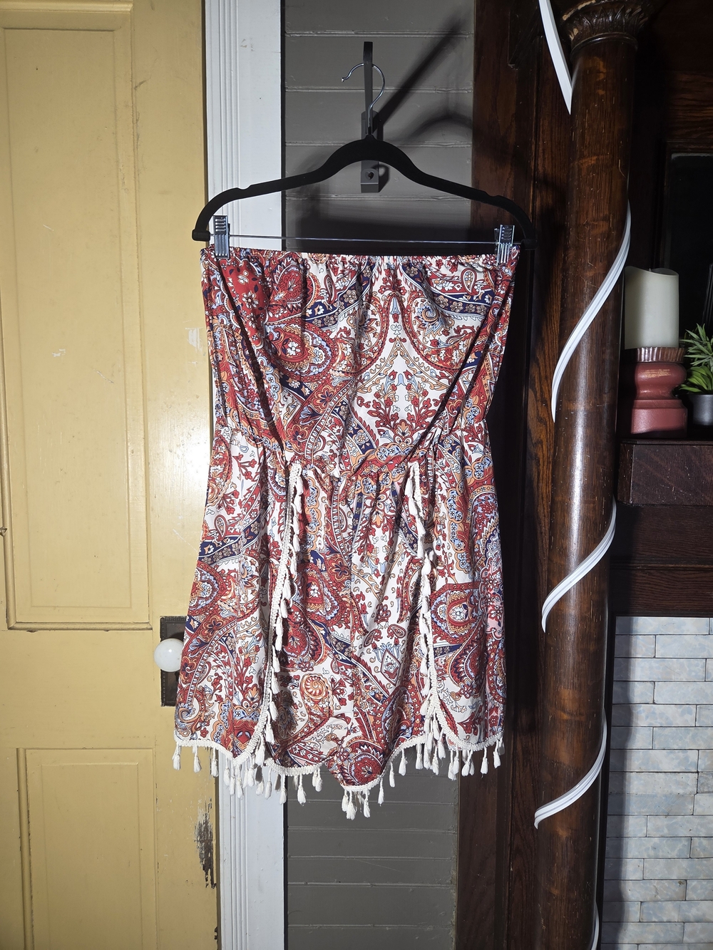 Loness Red Paisley Strapless Romper with Blue Accents